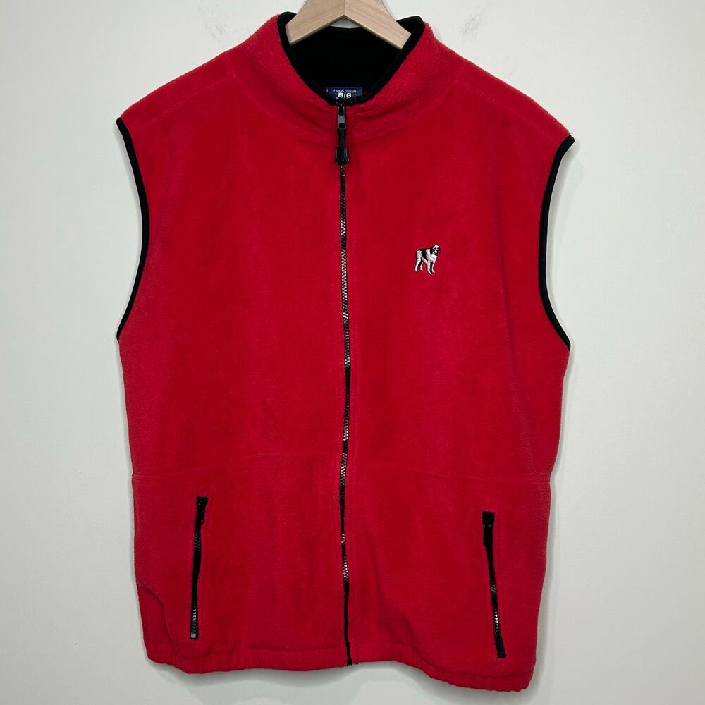 Big Dogs Fleece Vest Size L Red with Black Trim Zipper Pockets Elastic Bottom